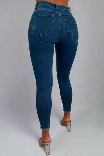 Dark Blue Sparkle Ripped Stretch Jeans