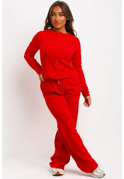 Rib Button Up Long Sleeve Top And Trouser Loungewear Set Red