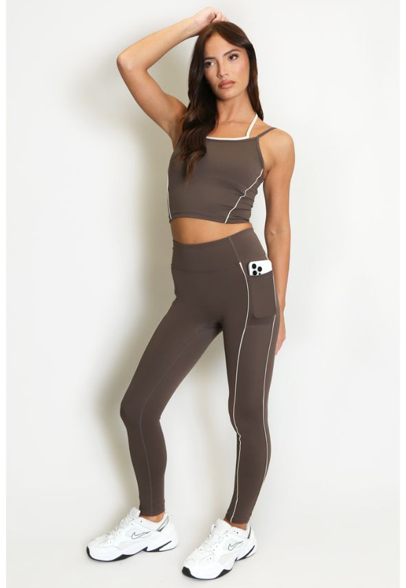 Gym Vest And Legging Set With Piping Brown