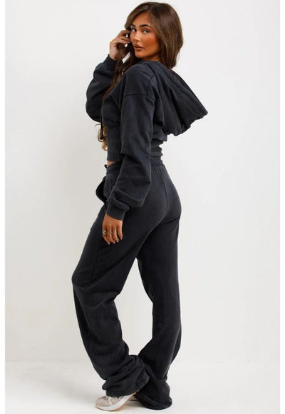 Crop Sweatshirt Hoodie And Bell Bottom Trousers Loungewear Charcoal
