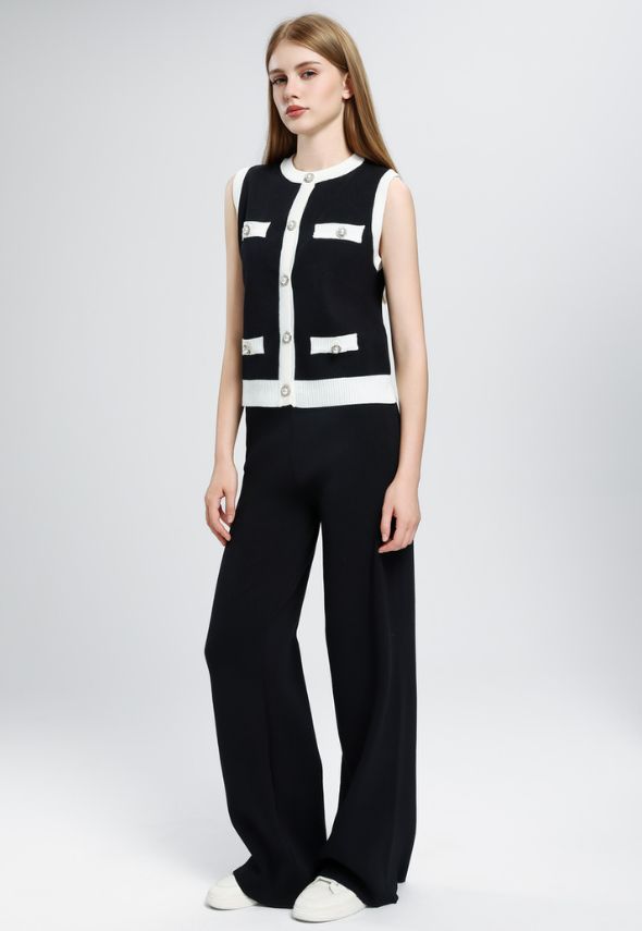 Ribbed Contrast Trim Waistcoat and Wide Trousers Set Black