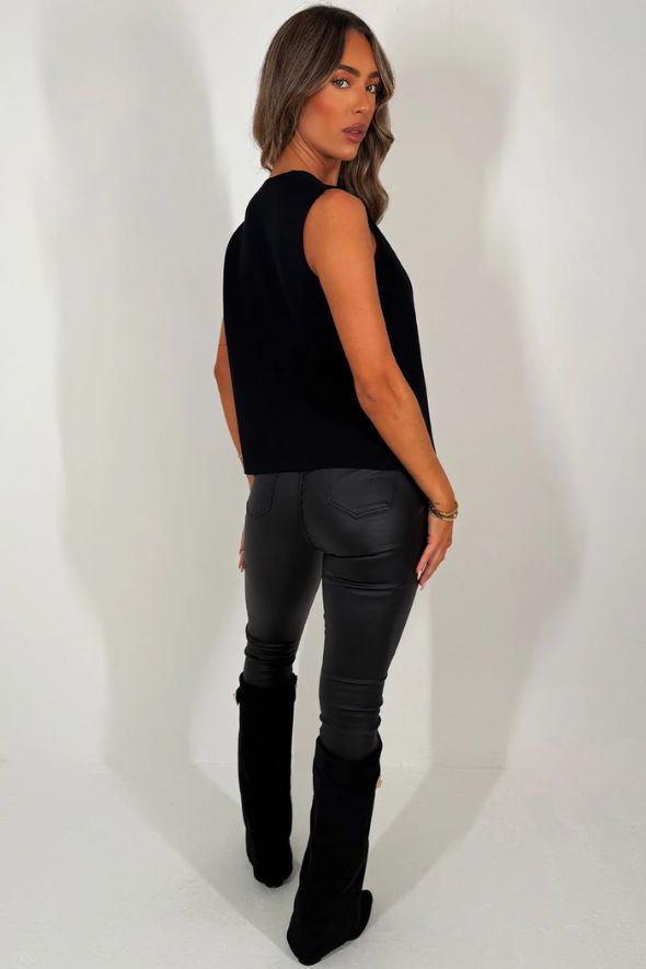 Black Knitted Cardigan Sleeveless Jumper With Gold Button