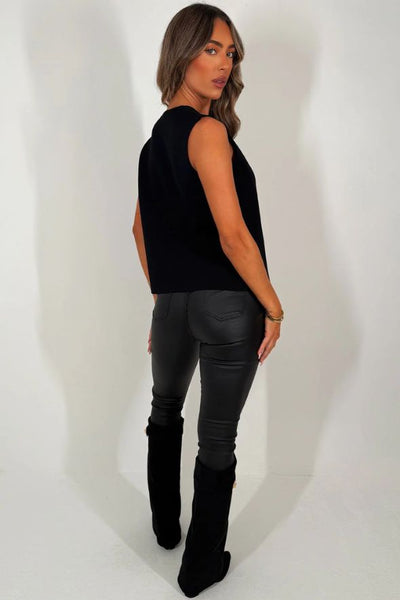 Black Knitted Cardigan Sleeveless Jumper With Gold Button