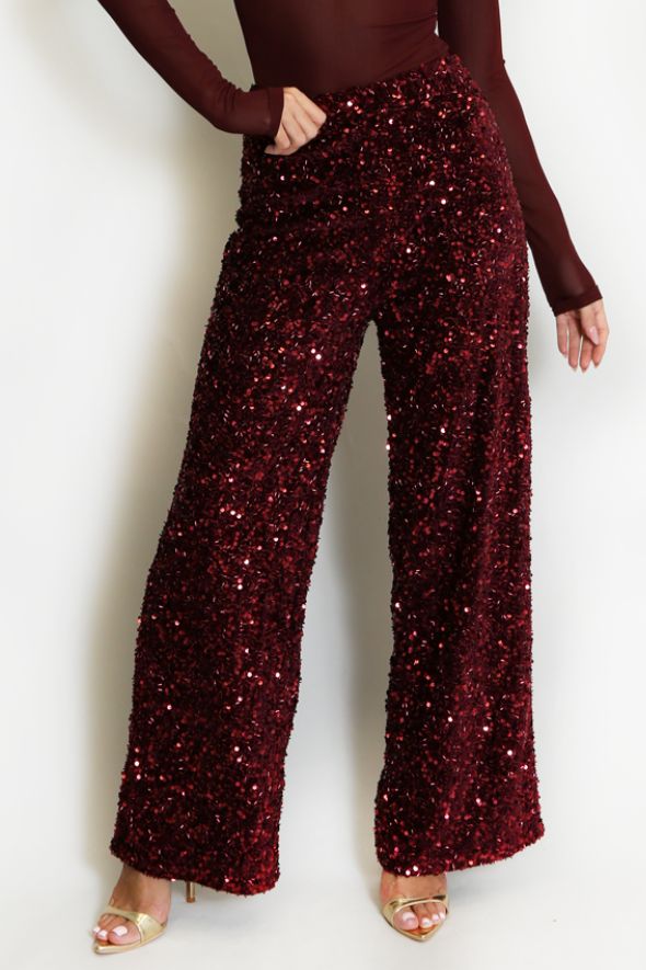 Sequin High Waisted Wide Led Trouser Wine
