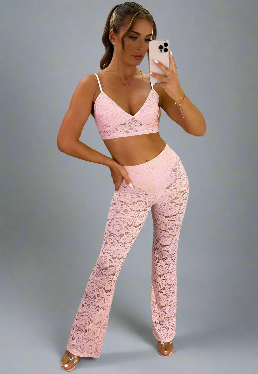 Pink Lace Flared Trousers And Top Co Ord Two Piece Set