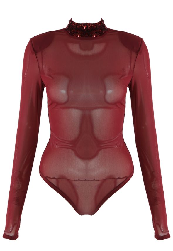 Sequin Neck Mesh Bodysuit Burgundy