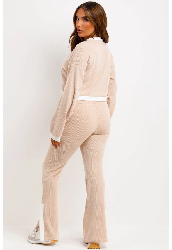 Jumper And Trousers Loungewear Set With Contrast Stripe Split Detail Beige