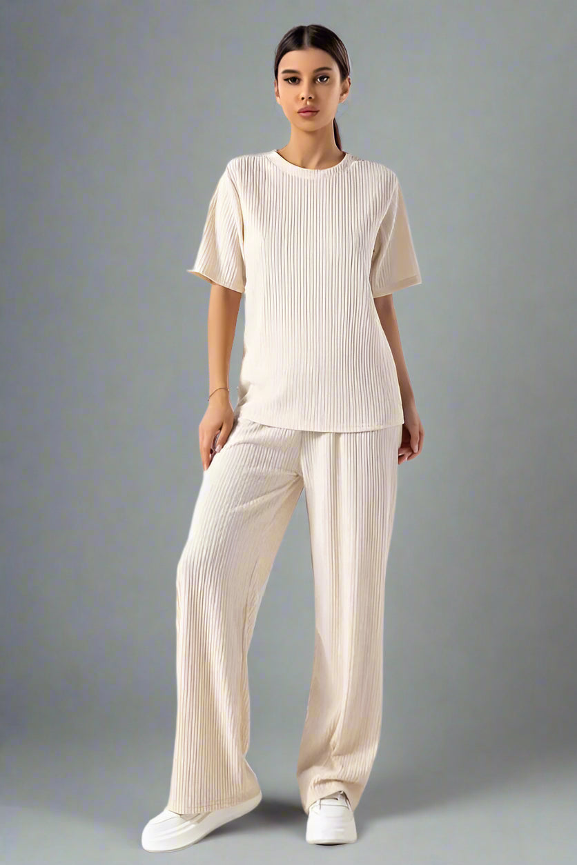 Asymmetric Hem Top And Wide Leg Trouser Co-Ord Beige