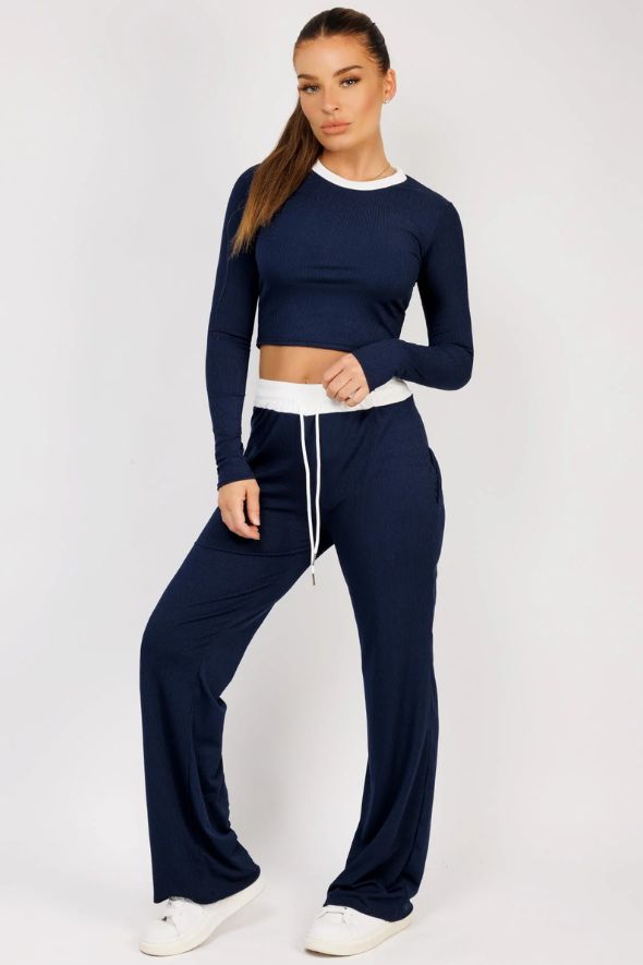 Navy Wide Leg Trousers and Long Sleeve Top Loungewear Set