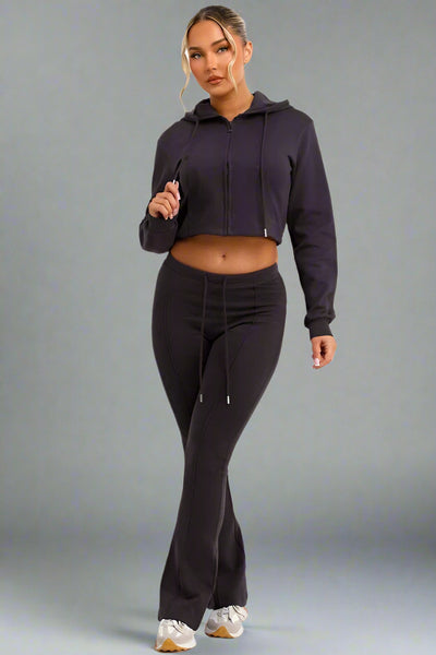 Crop Sweatshirt Hoodie And Bell Bottom Trousers Loungewear Charcoal