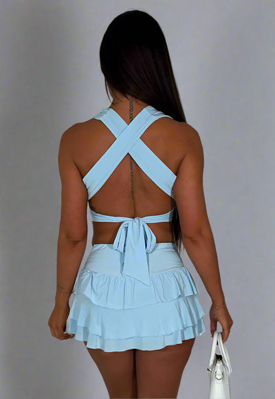 Halter Neck Backless Top And Ruffle Frilly Skirt Set Sky Blue
