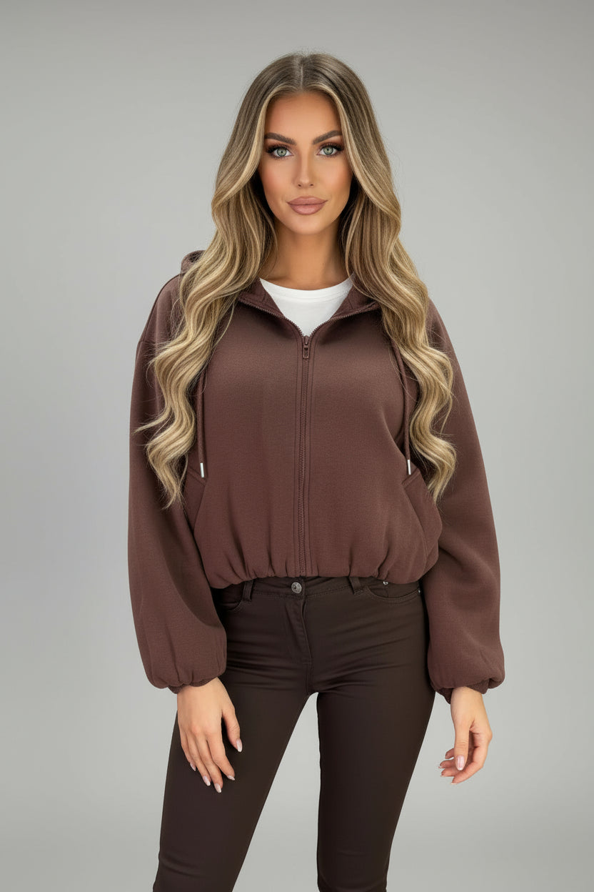Hooded Zip Up Jacket With Elastic Hem Brown