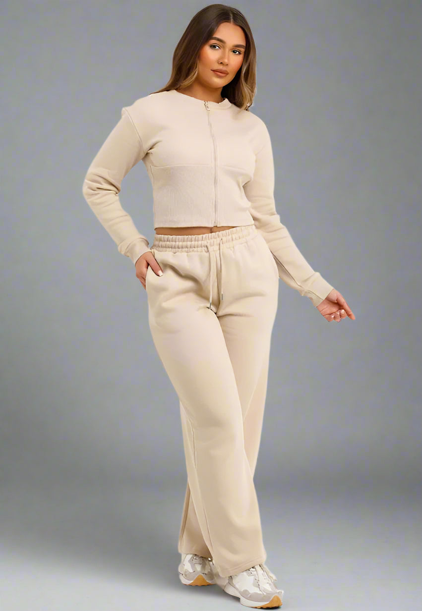 Corset Zip Up Crop Sweatshirt And Joggers Tracksuit Co Ord Set Beige