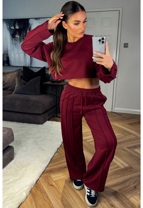 Tracksuit Joggers And Crop Sweatshirt With Seam Detail Burgundy