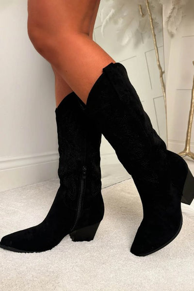 Cowboy Black Embroidered Western Mid Calf Boots