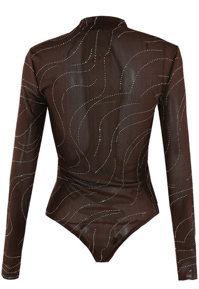 Wavy Diamante Mesh Bodysuit Brown