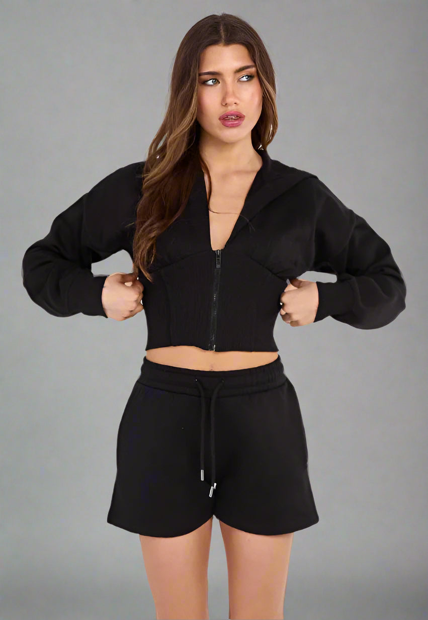 High Waist Hoodie & Shorts Co-ord Black