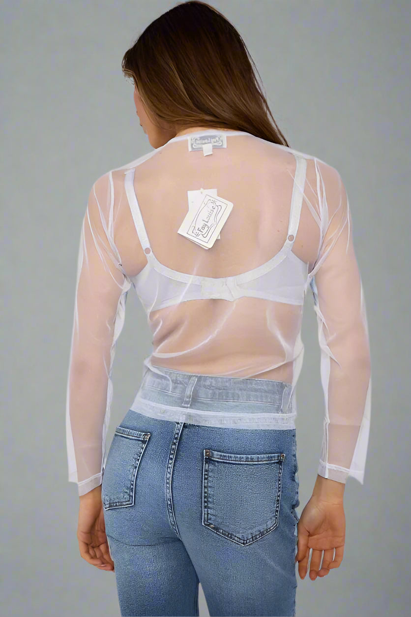 Mesh Button Through Long Sleeve Top White