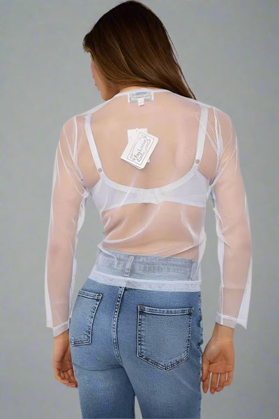 Mesh Button Through Long Sleeve Top White