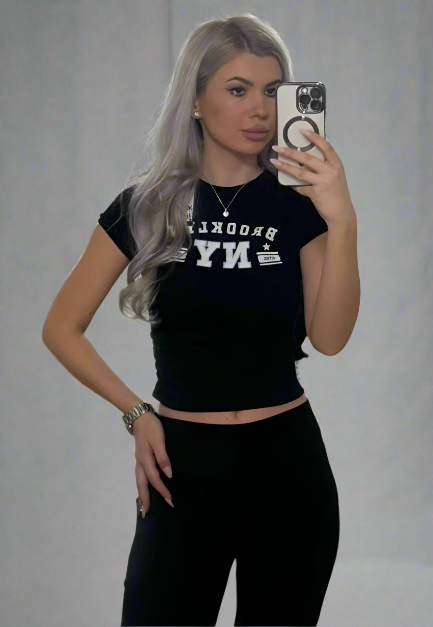 Cropped T-Shirt & Flared  Leggings Set Black