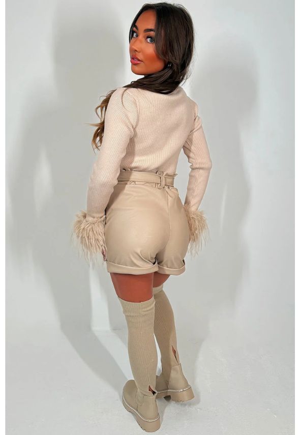 Knitted Jumper with Fur Cuff Long Sleeve Beige