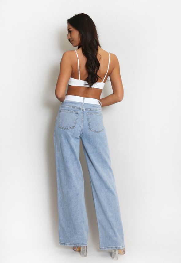 Faded Blue Banded Waist Dad Fit Jeans