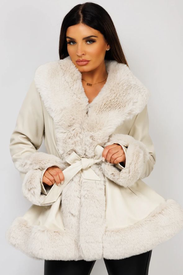 Beige Faux Fur Vegan Leather Swing Coat Jacket