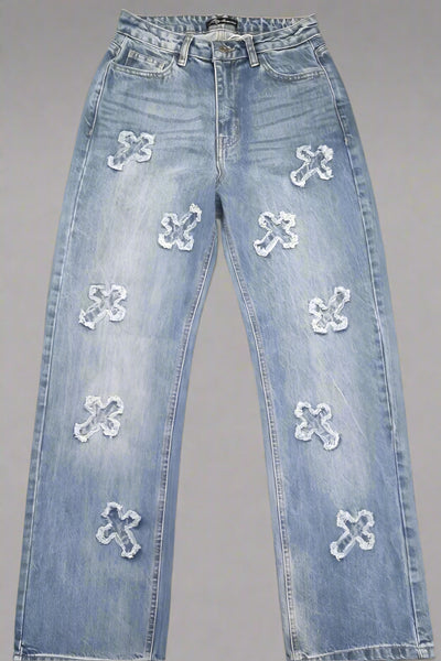 Wide Leg Crucifix Blue Denim Jeans