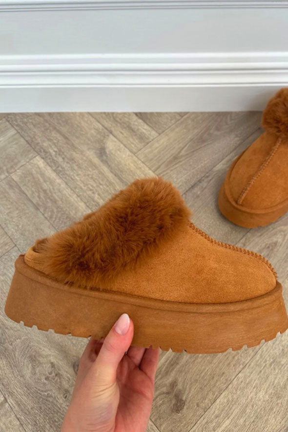 AMARA CAMEL PLATFORM FAUX FUR LINED MULES