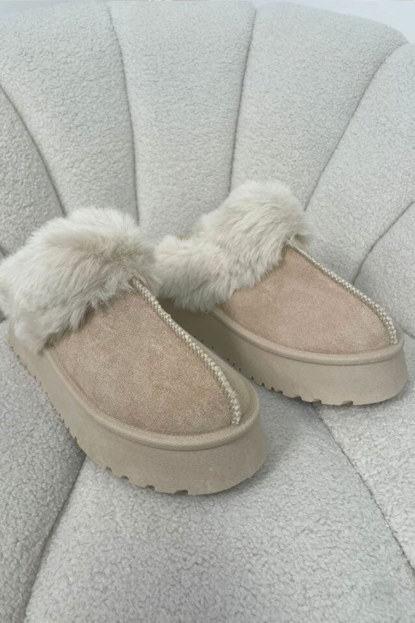 AMARA CREAM PLATFORM FAUX FUR LINED MULES