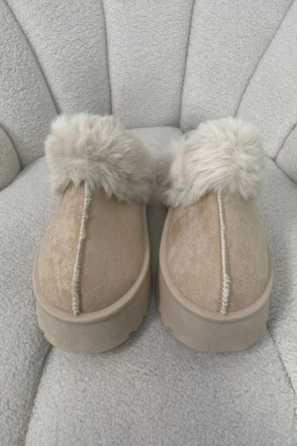 AMARA CREAM PLATFORM FAUX FUR LINED MULES