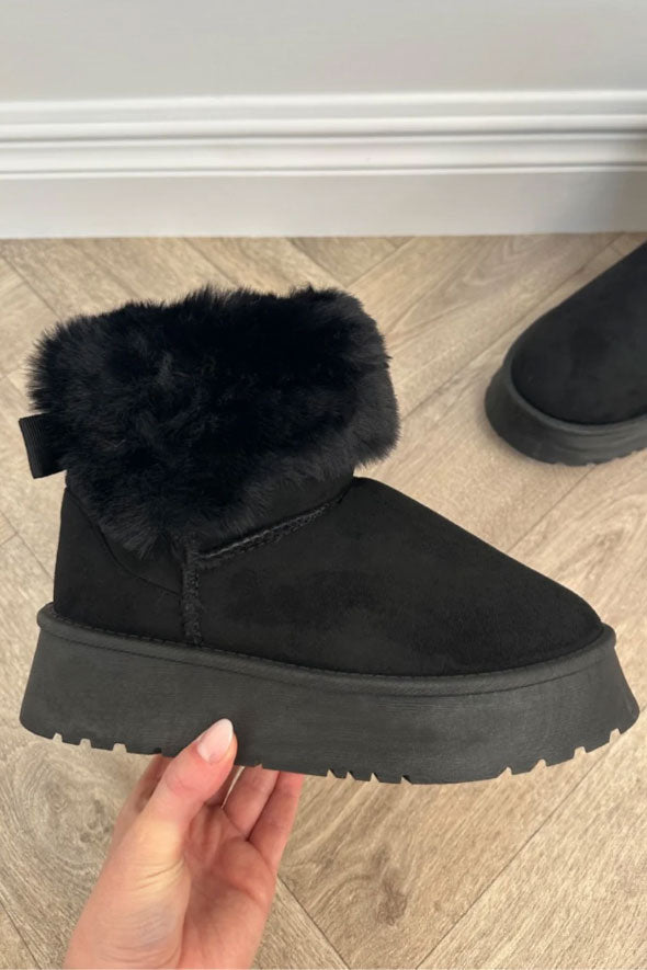 AMORE BLACK PLATFORM FAUX FUR LINED ANKLE BOOTS