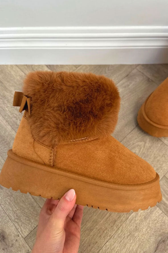 AMORE CAMEL PLATFORM FAUX FUR LINED ANKLE BOOTS