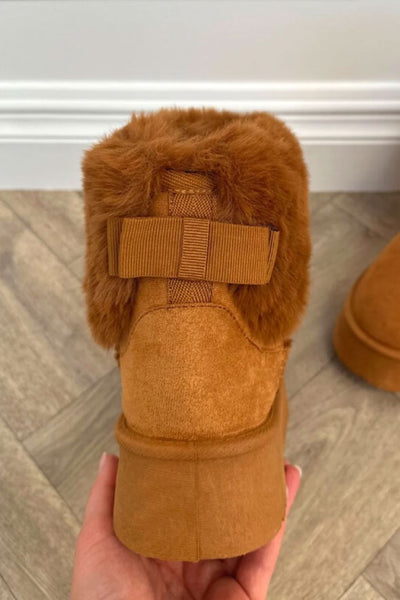 AMORE CAMEL PLATFORM FAUX FUR LINED ANKLE BOOTS