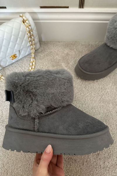 AMORE GREY PLATFORM FAUX FUR LINED ANKLE BOOTS