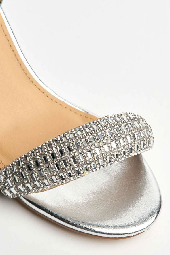 Ashley Low Block Heel Diamante Sandals in Silver - Main Image