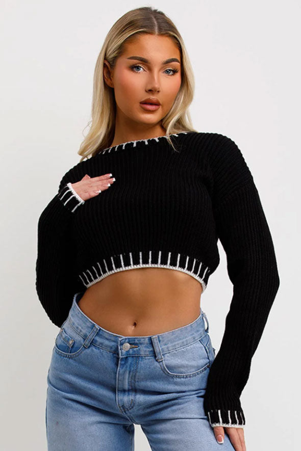 Crop Knit Jumper With Blanket Stitch Detail black