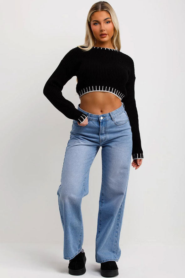 Crop Knit Jumper With Blanket Stitch Detail black