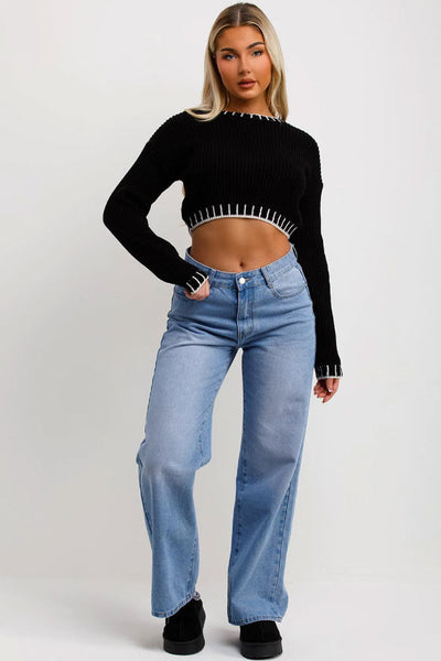 Crop Knit Jumper With Blanket Stitch Detail black