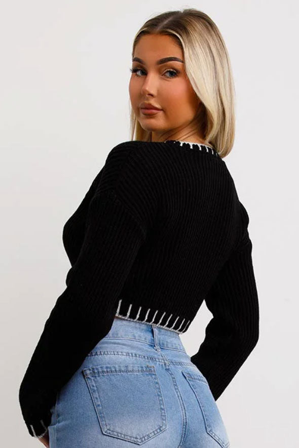 Crop Knit Jumper With Blanket Stitch Detail black