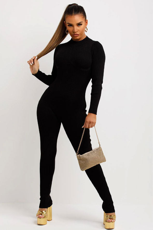 Rib Jumpsuit With Long Sleeves Structured Contour Unitard Black