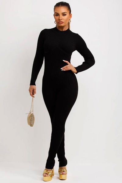 Rib Jumpsuit With Long Sleeves Structured Contour Unitard Black