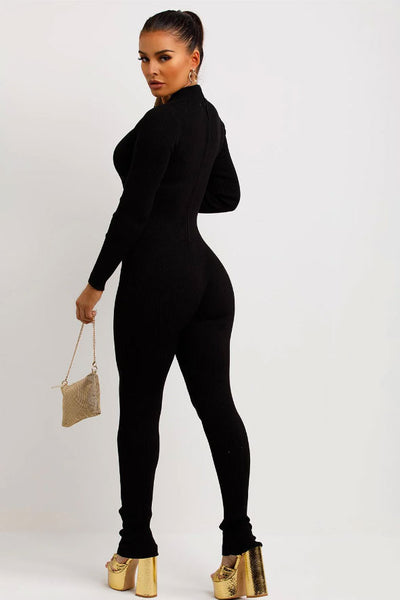 Rib Jumpsuit With Long Sleeves Structured Contour Unitard Black