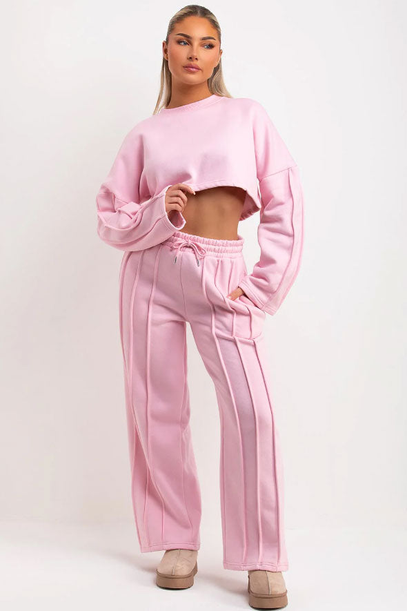 Baby Pink Tracksuit Joggers And Crop Sweatshirt With Seam Detail