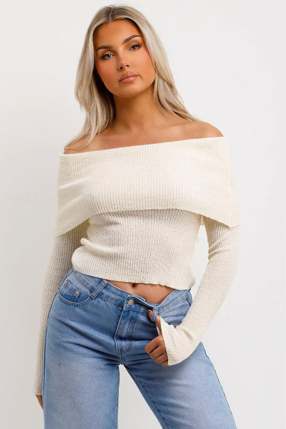 Bardot Jumper With Fold Over Detail Beige