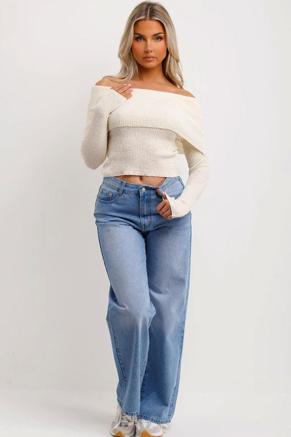 Bardot Jumper With Fold Over Detail Beige