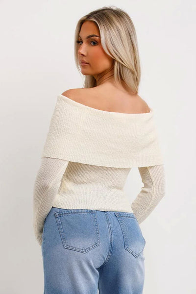 Bardot Jumper With Fold Over Detail Beige