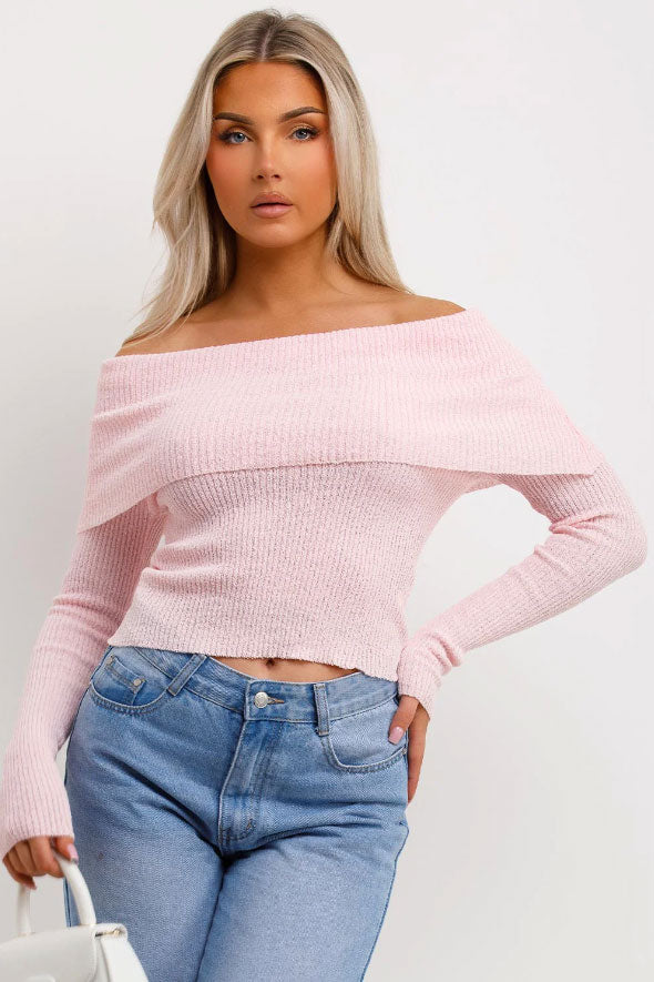 Bardot Jumper With Fold Over Detail Pink