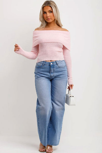 Bardot Jumper With Fold Over Detail Pink