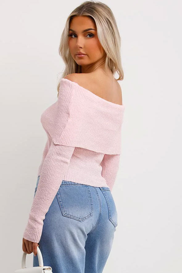 Bardot Jumper With Fold Over Detail Pink